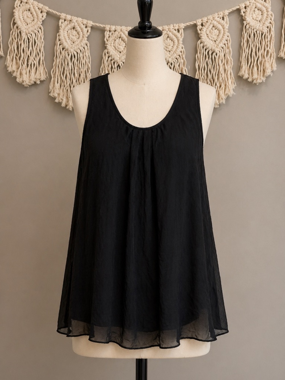 Black Sleeveless Silk/Viscose Chiffon Tank Top - Women